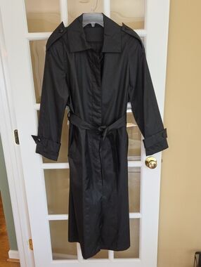 Vtg Alorna Classic Black Trench Coat - Women's Long Belted Coat Size: 7/8